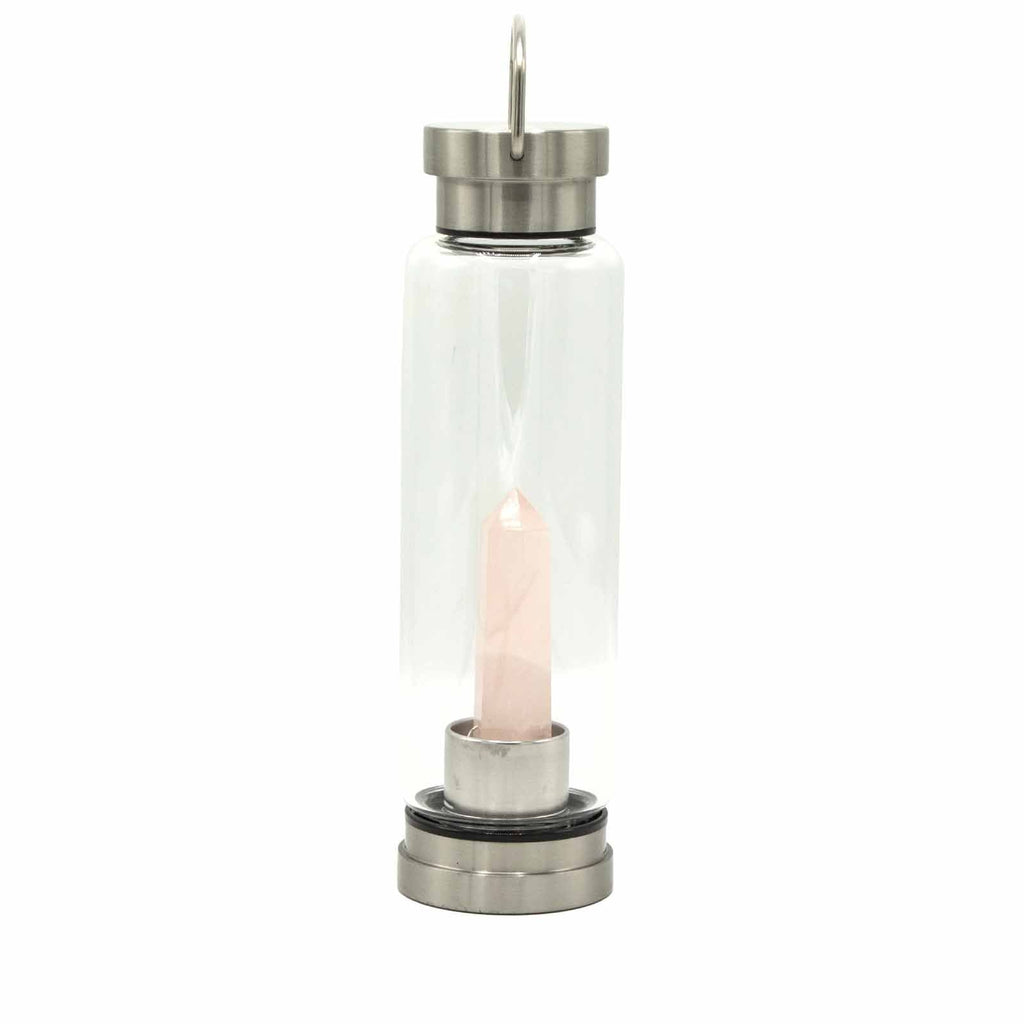 Crystal Infused Glass Water Bottle Rose Quartz Obelisk