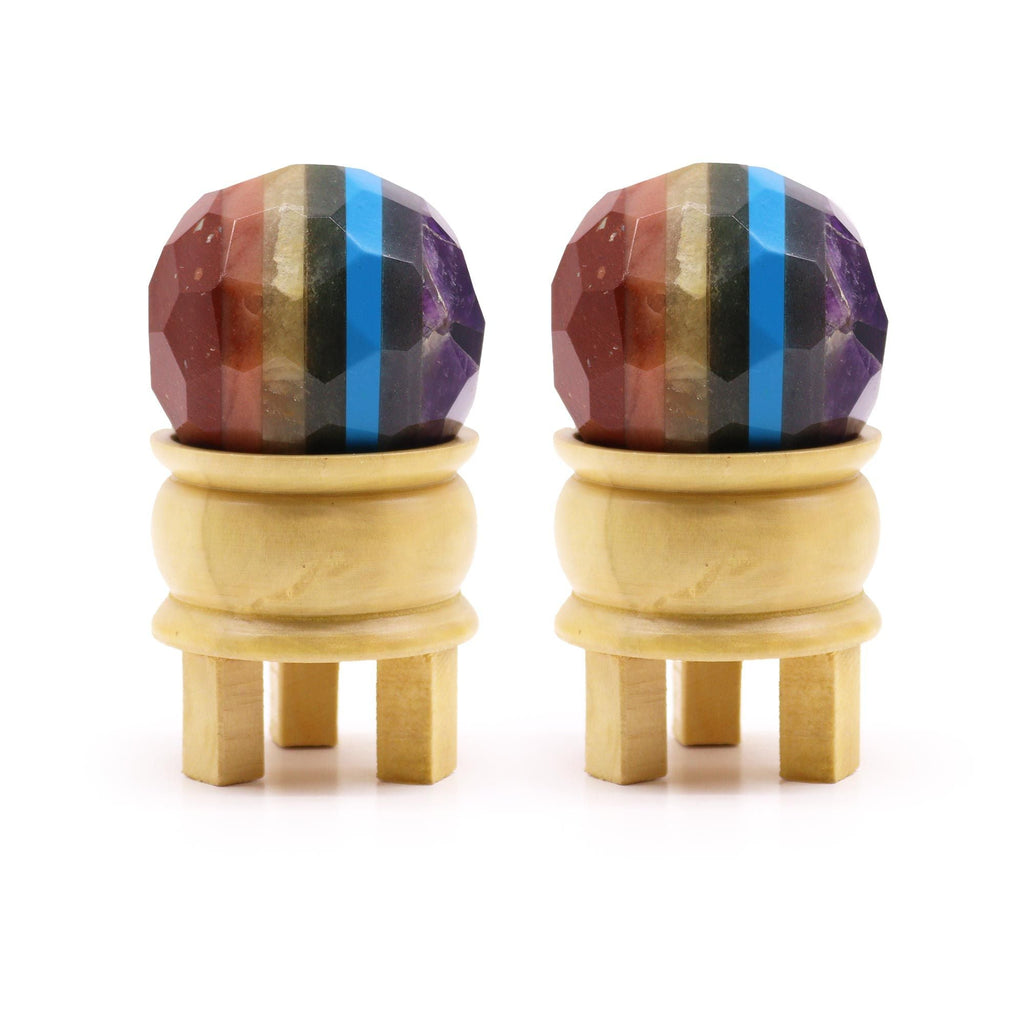 Seven Chakra Gemstone Faceted Healing Ball with Wooden Stand