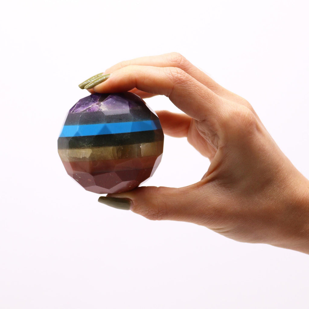 Seven Chakra Gemstone Faceted Healing Ball with Wooden Stand