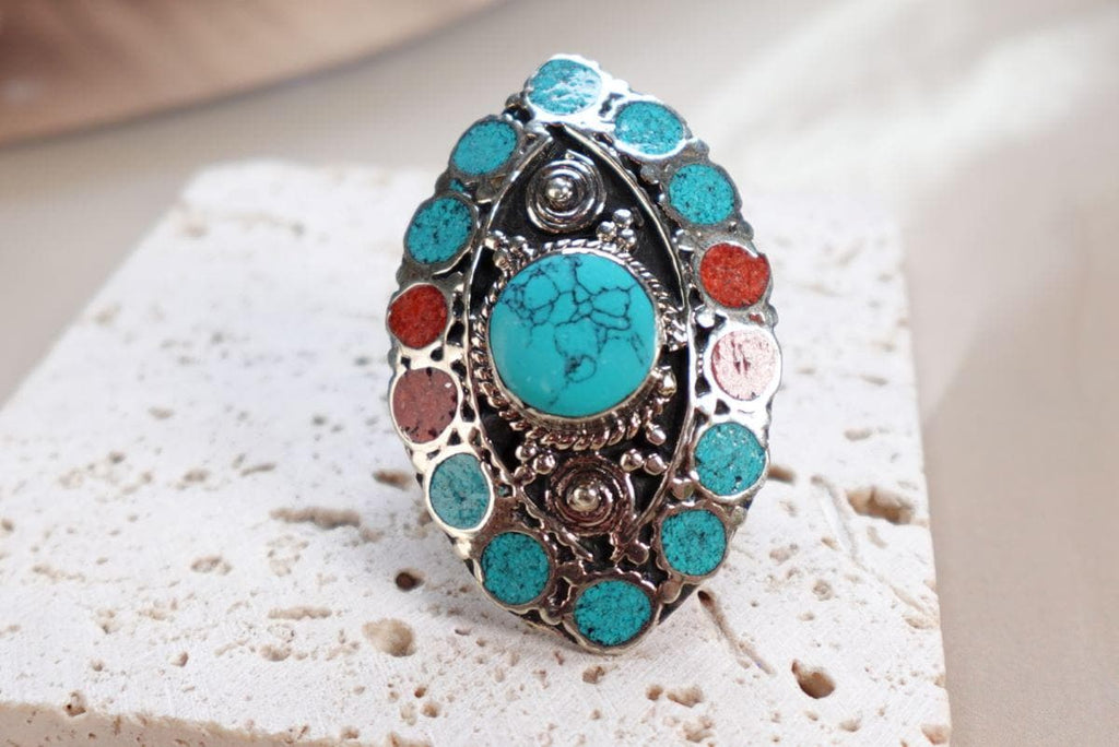 Bohemian Turquoise Statement Ring with Multicolor Inlays