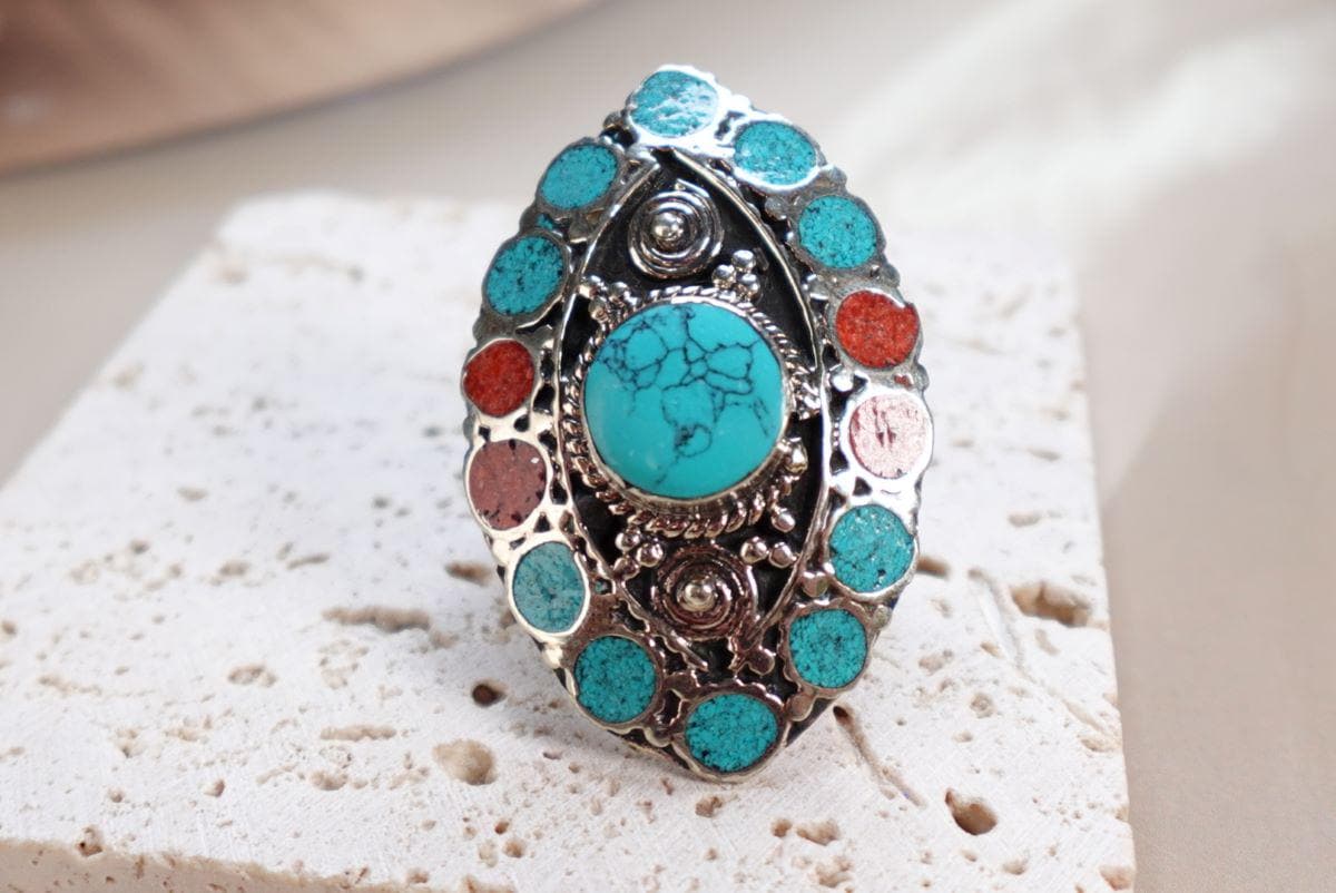Bohemian Turquoise Statement Ring with Multicolor Inlays