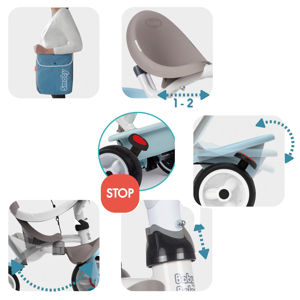 blue baby balade plus tricycle in a sun-drenched park, showcasing the built-in visor and foldable footrests