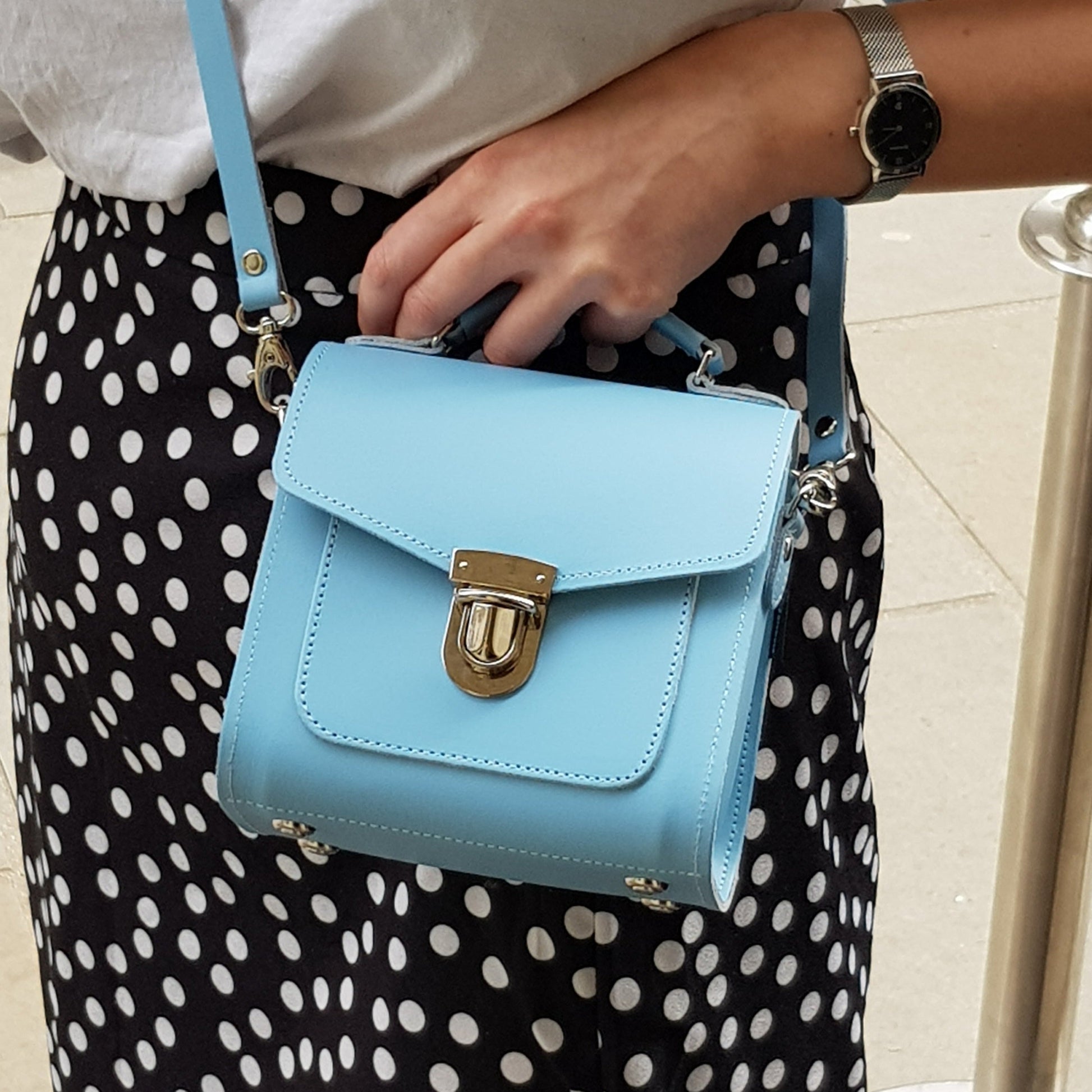 Handmade Leather Sugarcube Handbag in Pastel Baby Blue