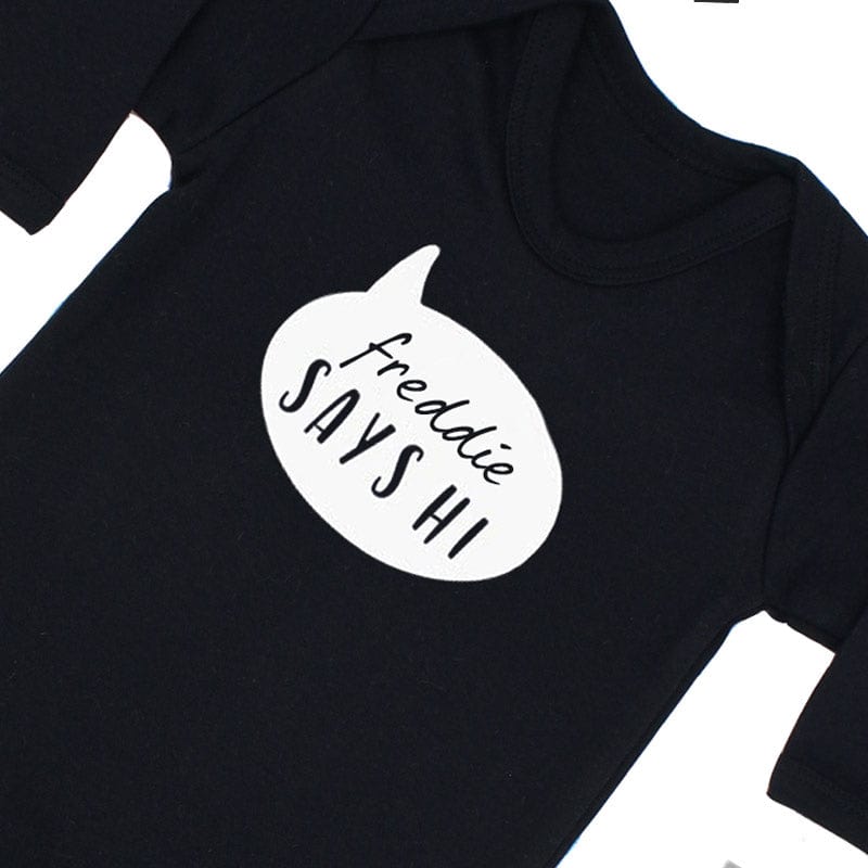 Baby Says Hi Personalised Black Sleepsuit Newborn 0-3 Months