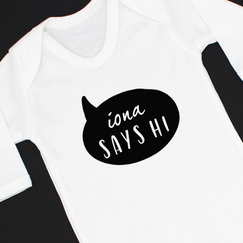 Baby Says Hi Personalised White Sleepsuit for Newborns 0-3 Months