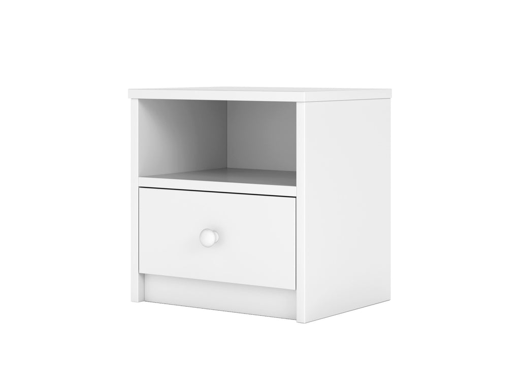 elegant pink babydreams bedside table with open shelf and drawer in soft morning light