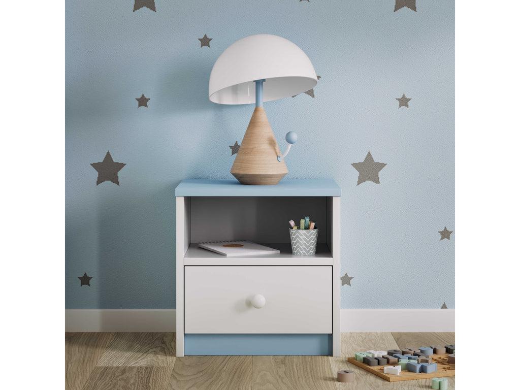bold pink babydreams bedside table for kids with a drawer and open shelf