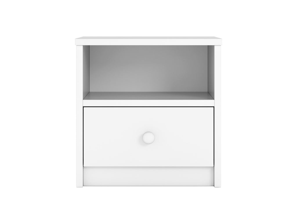 a soft pink babydreams bedside table with an open shelf and drawer in a cozy, sunlit nursery