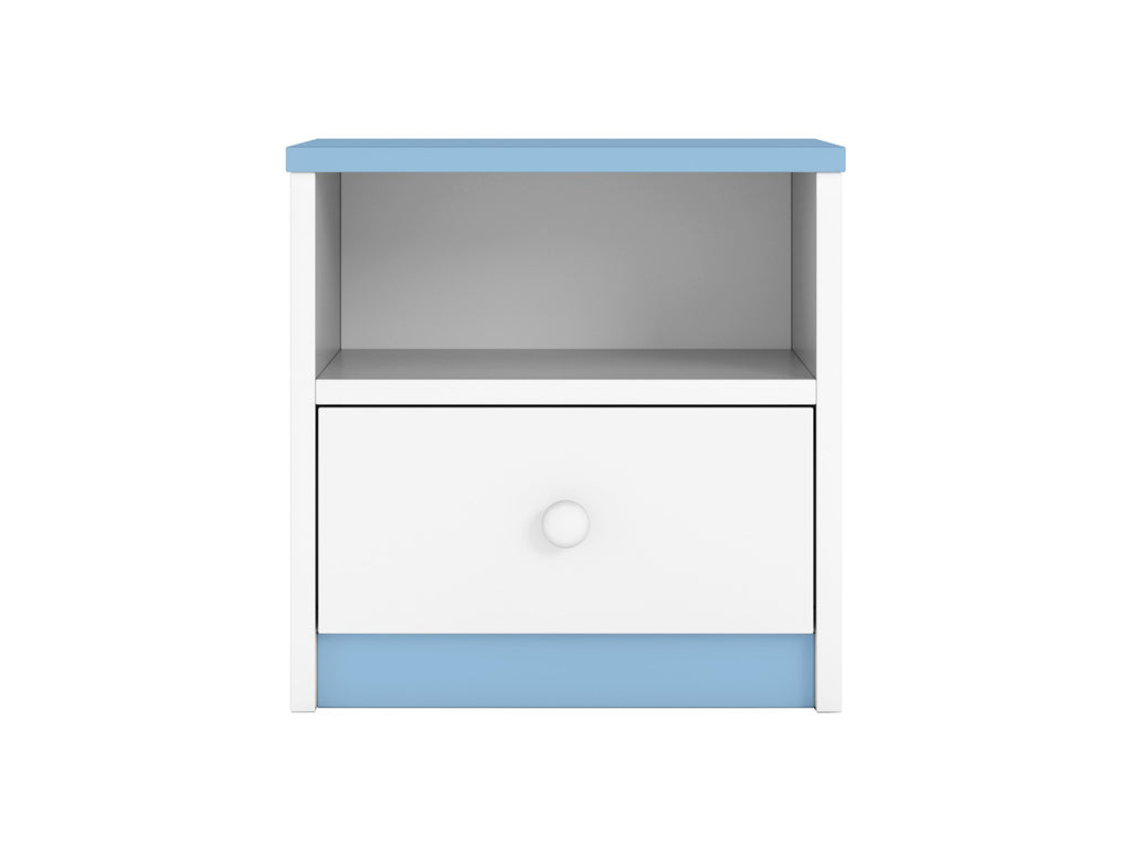 a functional and practical pink bedside table for kids with an open shelf and drawer