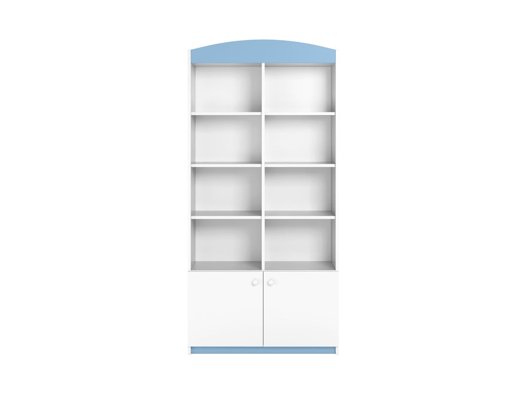 practical double shelf unit in a child's room showing organized storage of books and toys
