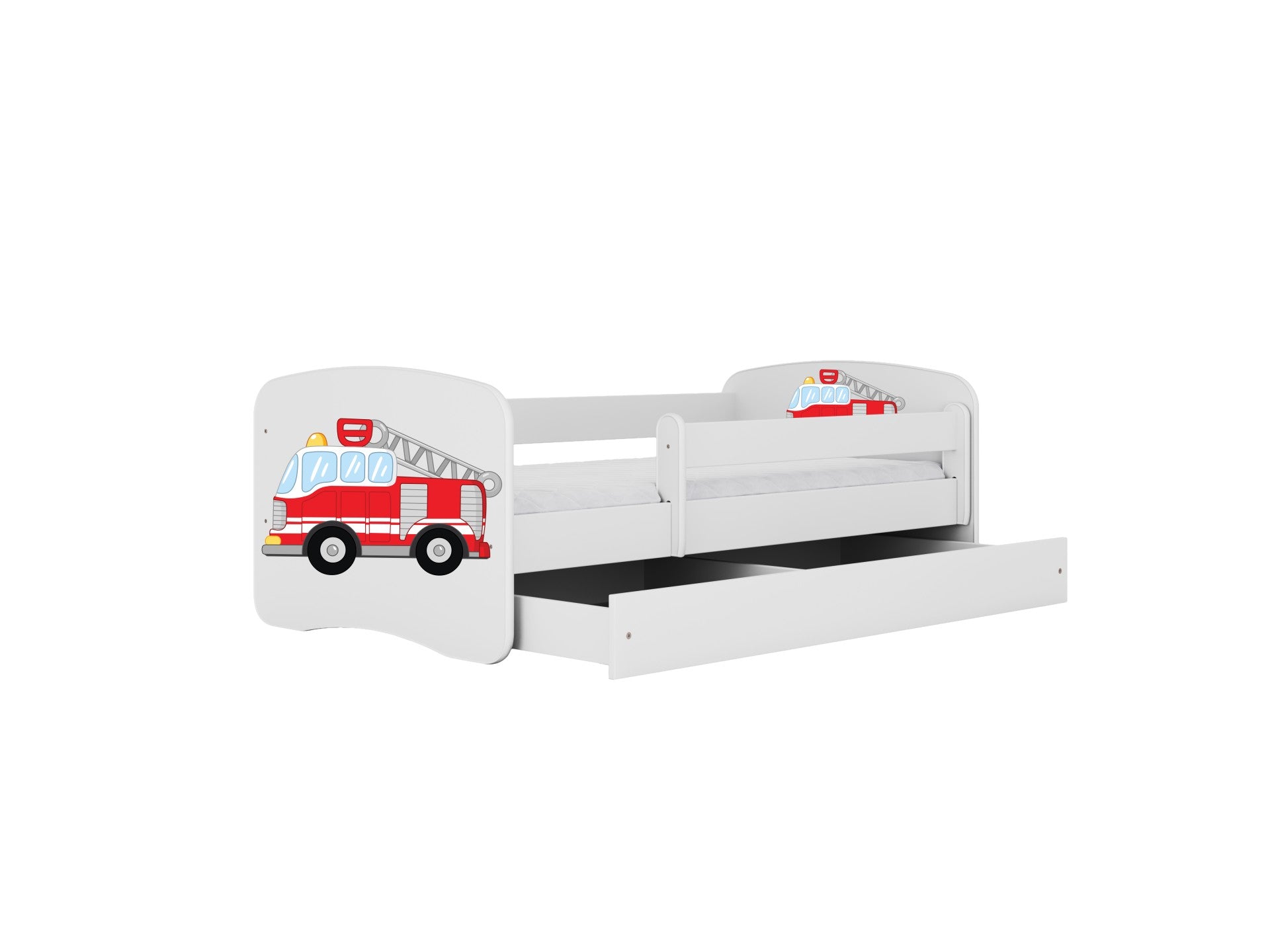 playful fire truck kids bed with vibrant stickers and a fun, accessible storage drawer