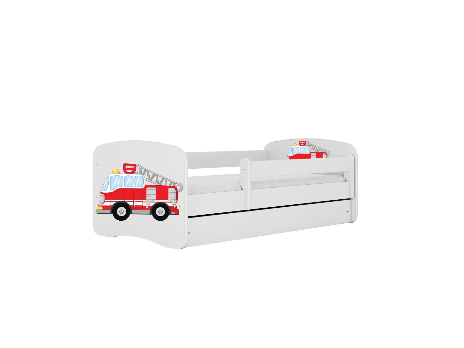 functional side view of the fire truck bed showing its sturdy birch slat frame and convenient wheeled storage drawer