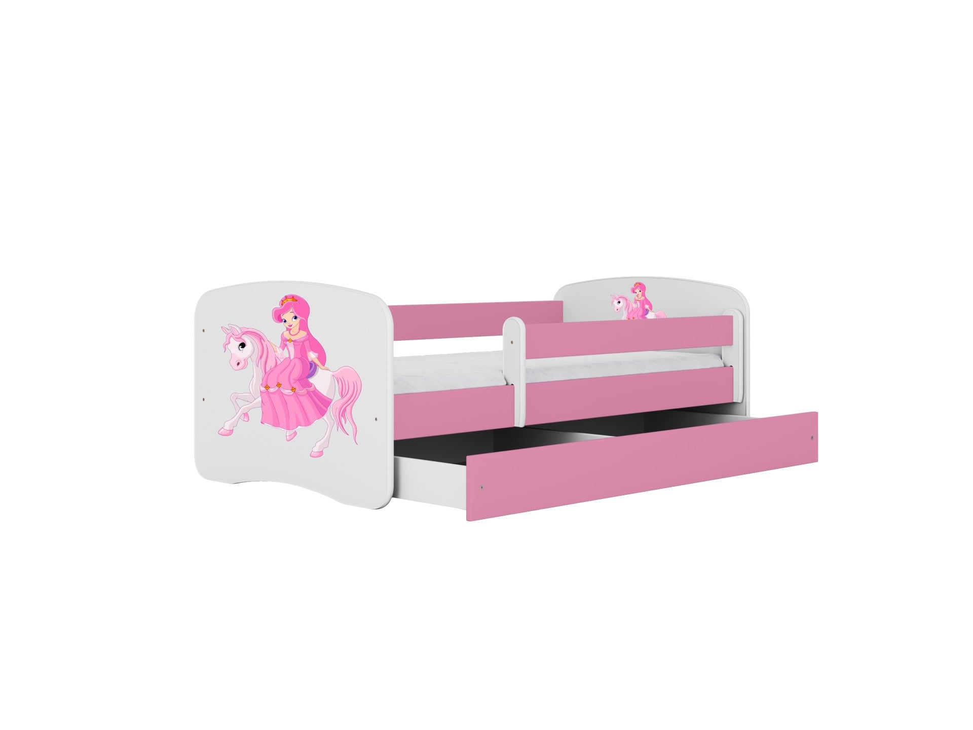practical view of the babydreams princess bed's sturdy birch slat frame and rolling storage drawer