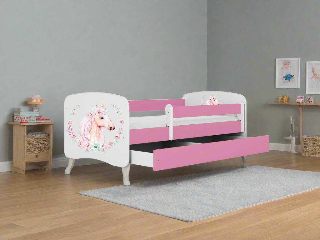 a bold, low-angle shot of the sturdy dreamy unicorn bed, showcasing its power to transform bedtime battles into magical slumber