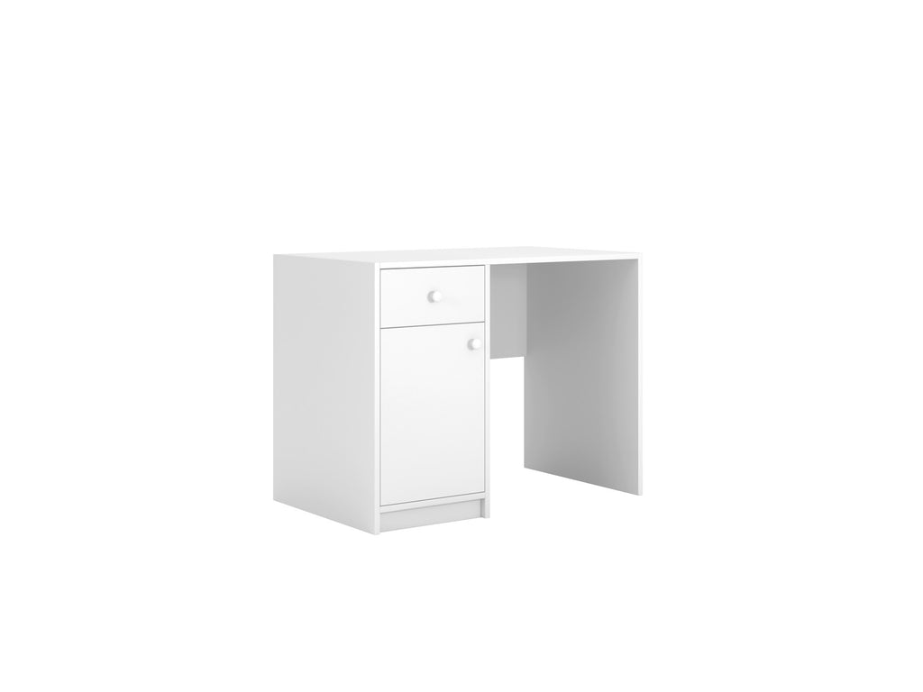 elegant white kids desk with drawer and cabinet in a refined, minimalist bedroom setting