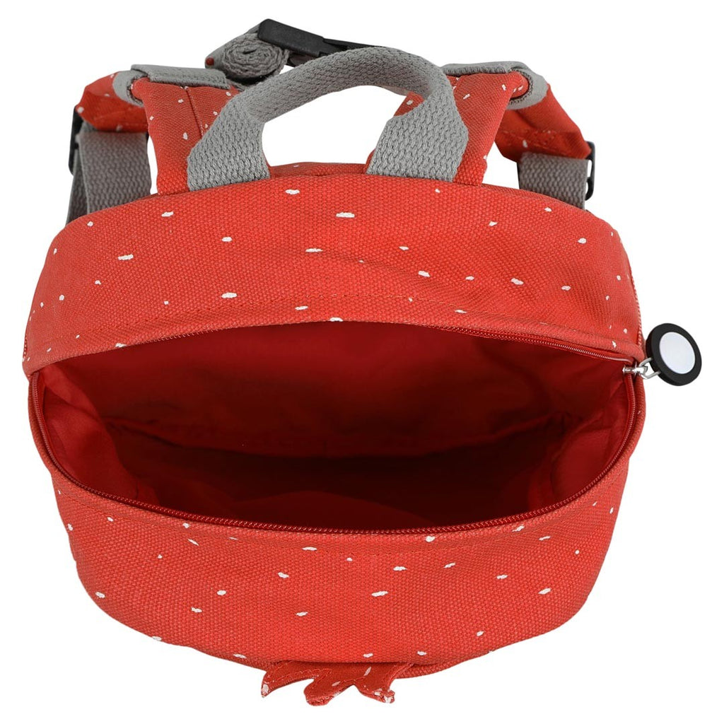 mr parrot kids backpack open showing its water-repellent interior and front pocket organization