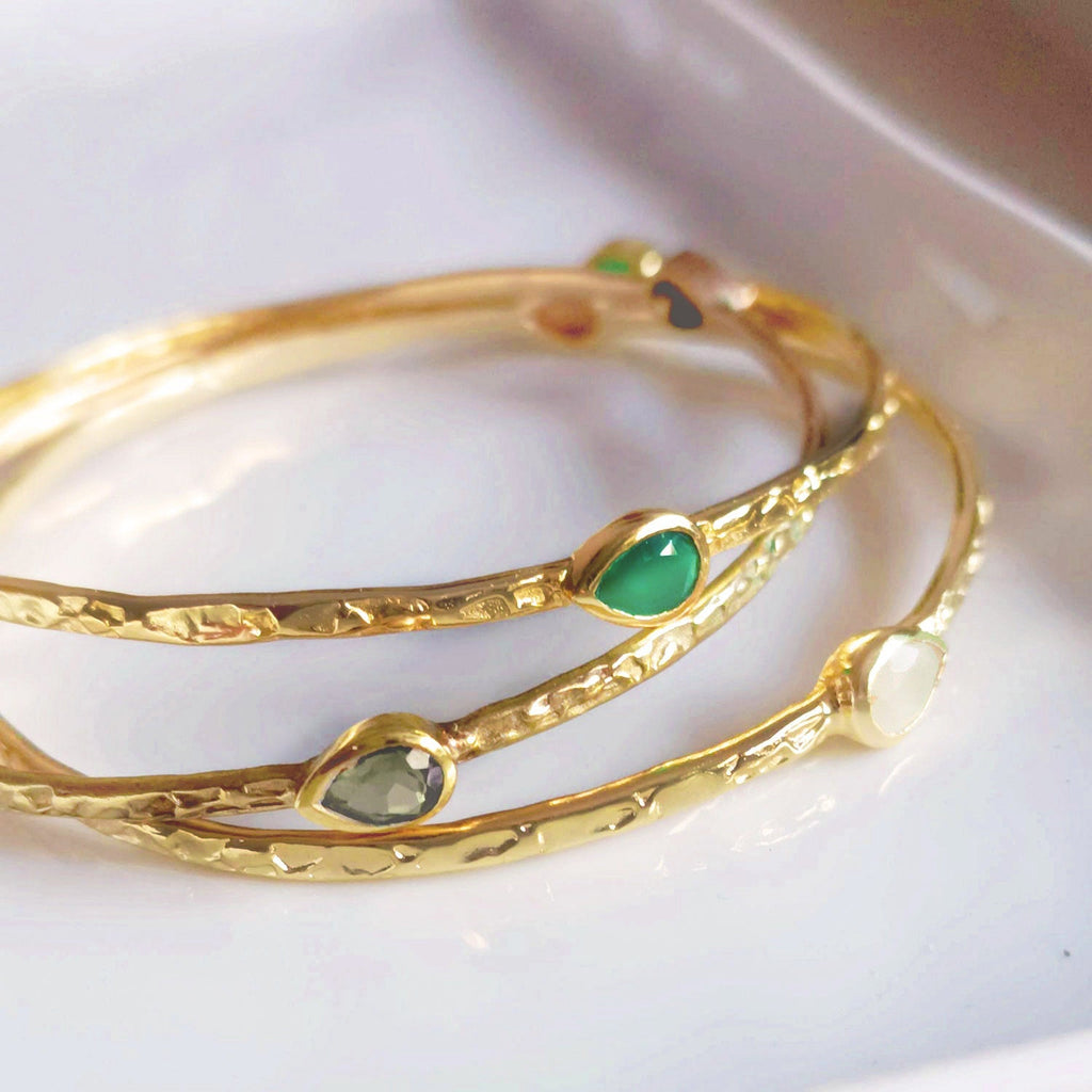 Three Stone Rainbow Moonstone Stacking Bangle in 22K Gold