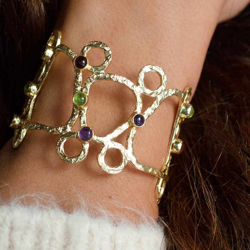 Thalia Sculptural Cuff with Rose Quartz, Moonstone, Labradorite and Pariba Onyx