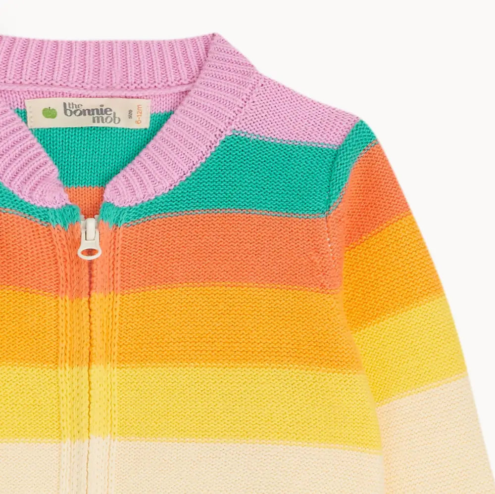 Colorful striped sweater with a visible brand label on a white background