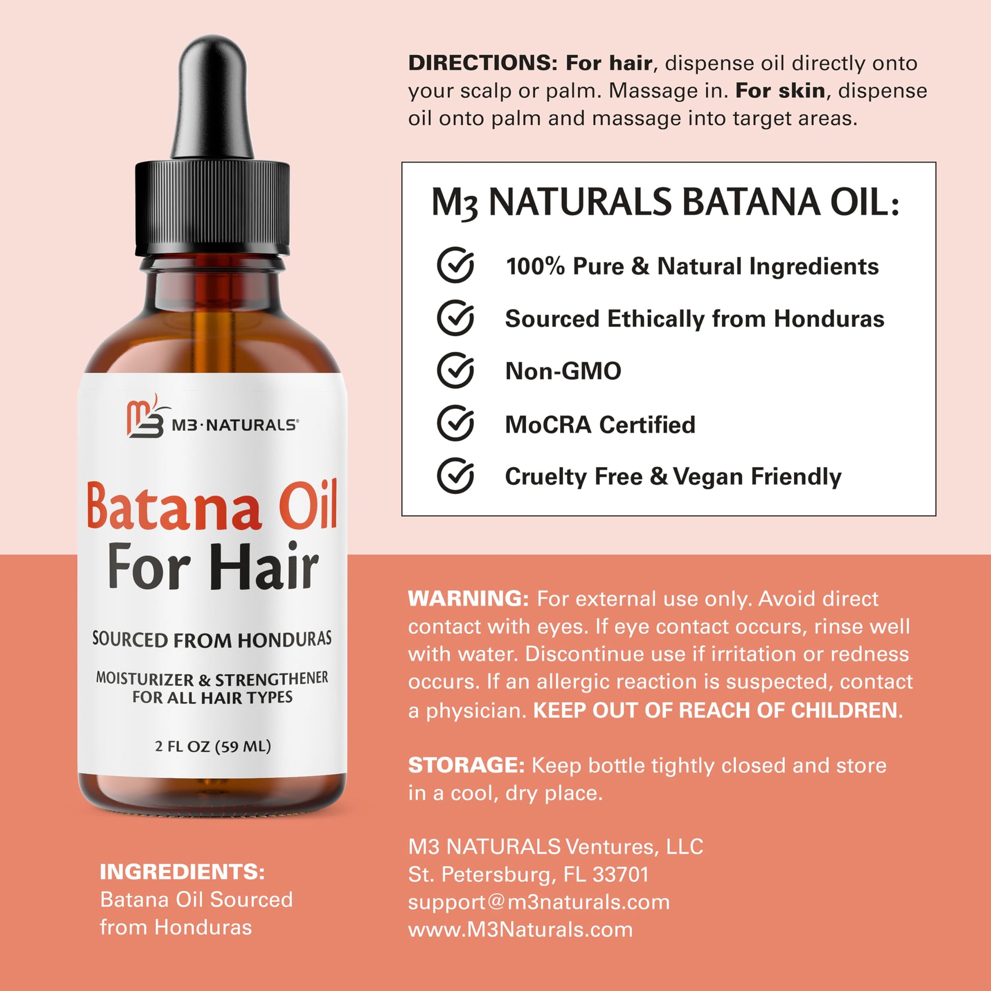 Pure Batana Oil for Hair Growth and Skin, Cold Pressed from Honduras, 2 fl oz Pair