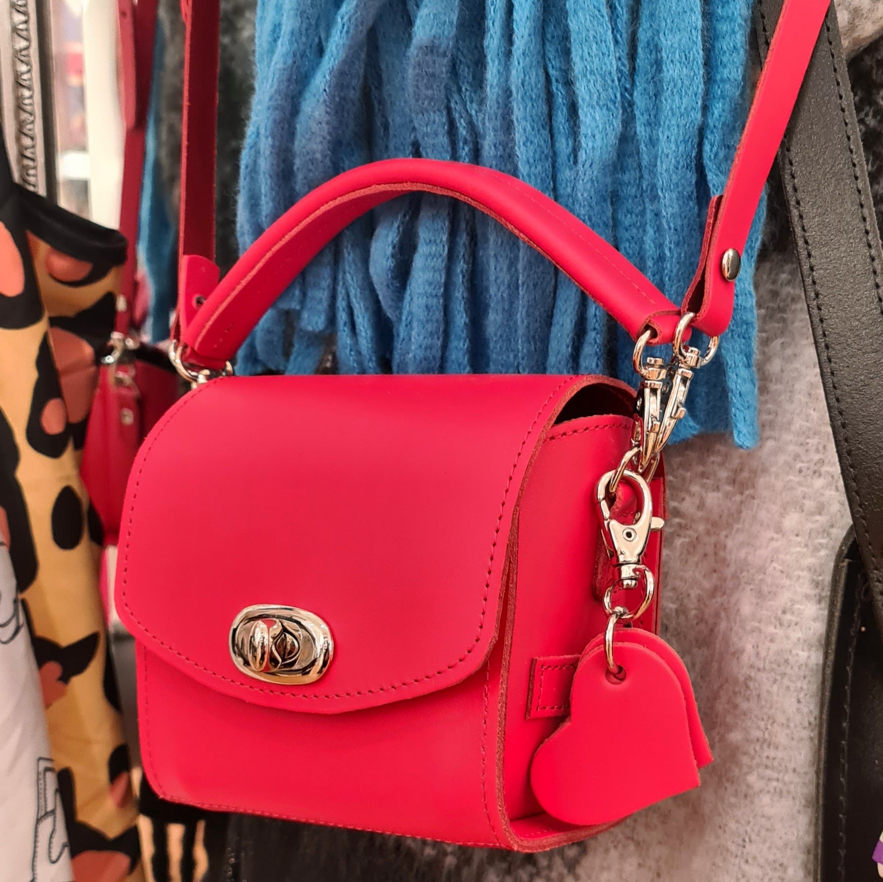 Handmade Leather Handbag in Pillar Box Red with Love Hearts Charm