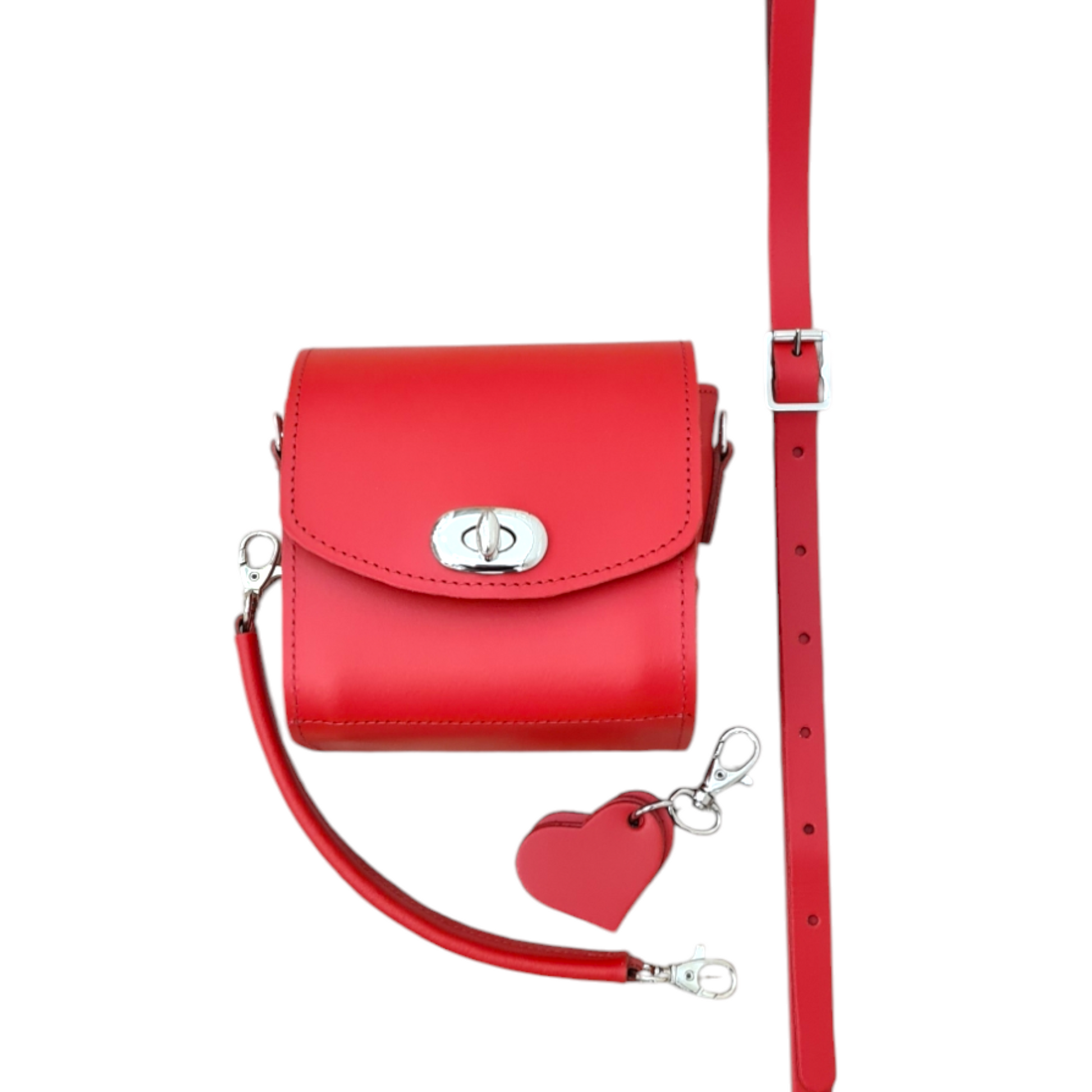 Handmade Leather Handbag in Pillar Box Red with Love Hearts Charm