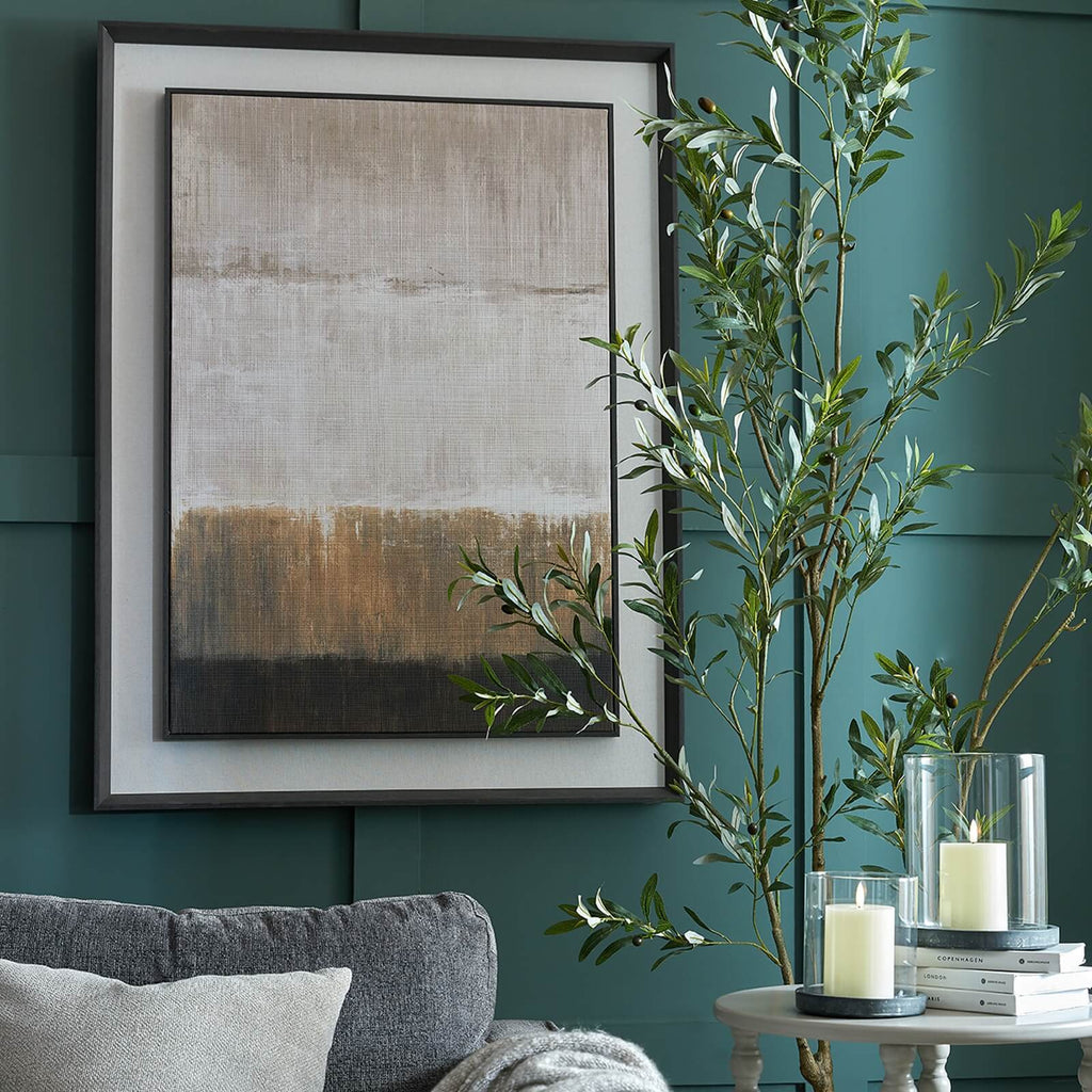 Large abstract linen artwork in neutral earth tones, framed in dark wood, ideal for modern minimalist interiors. by sostter at brixbailey.com