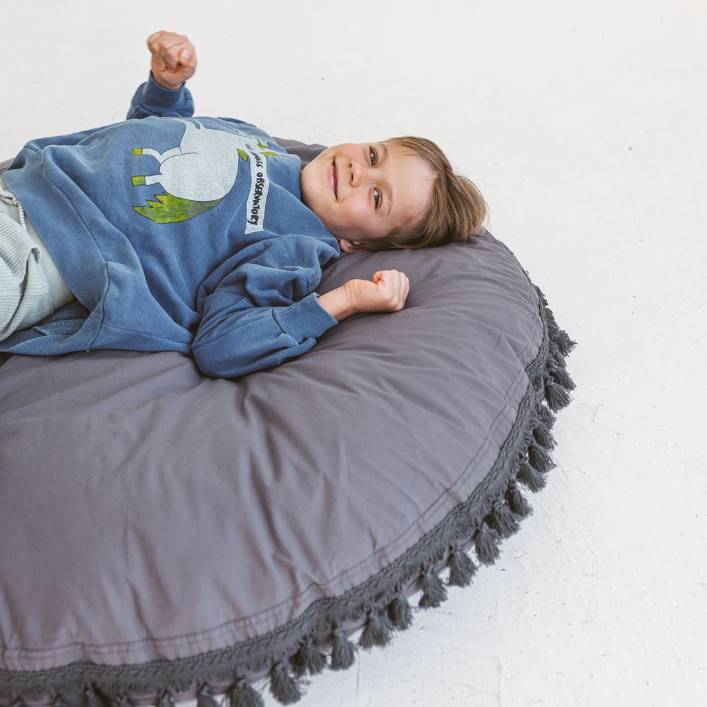 Large Floor Cushion with Tassels in Grey
