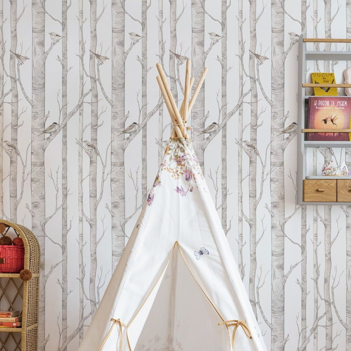 soft morning light on birch forest wallpaper for a calming kids room decor
