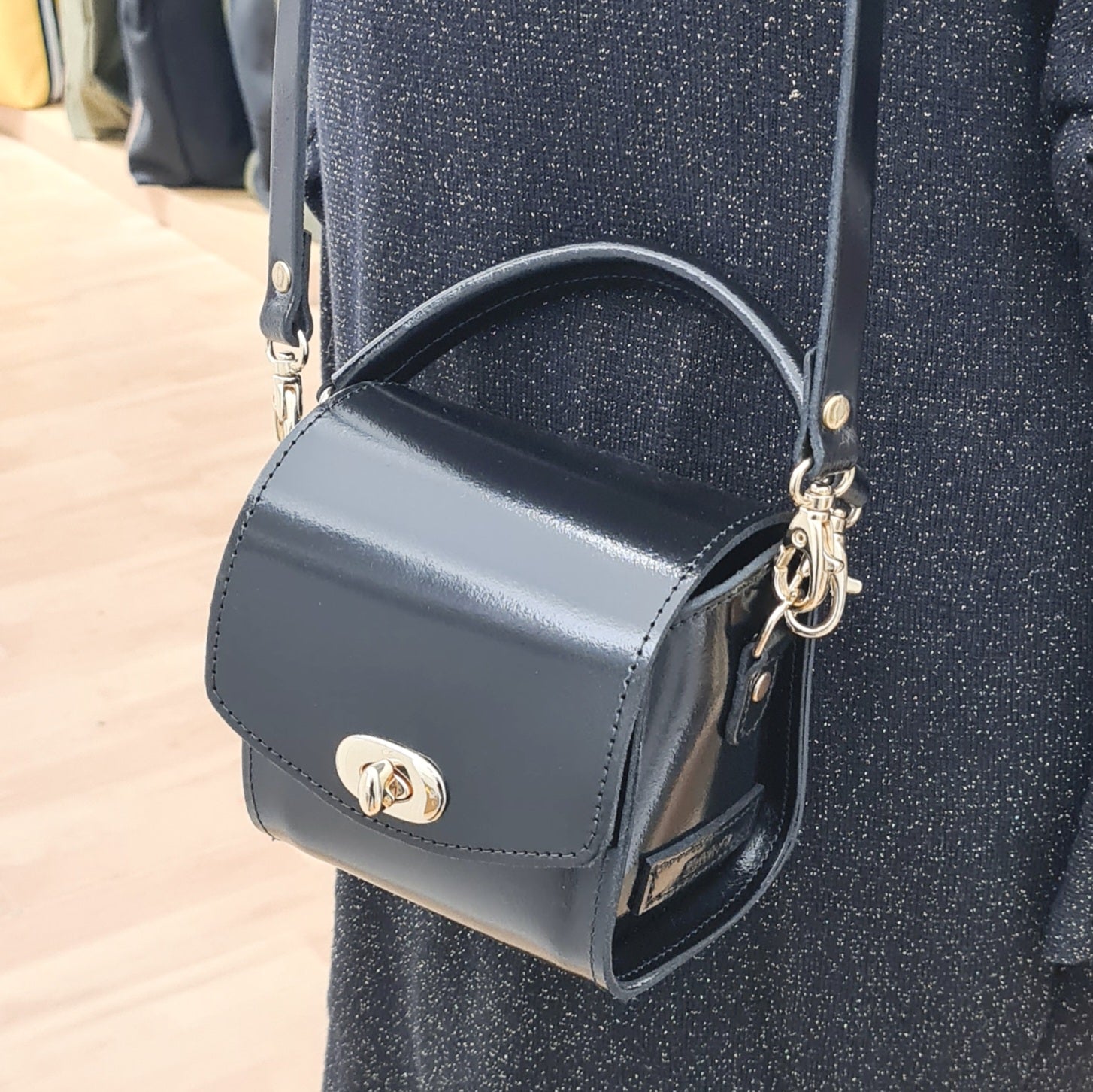 Handmade High Shine Leather Handbag in Black