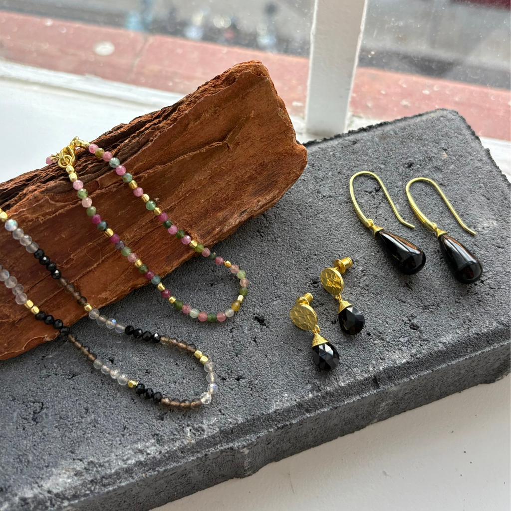 Black Onyx Drop Earrings in 22k Gold