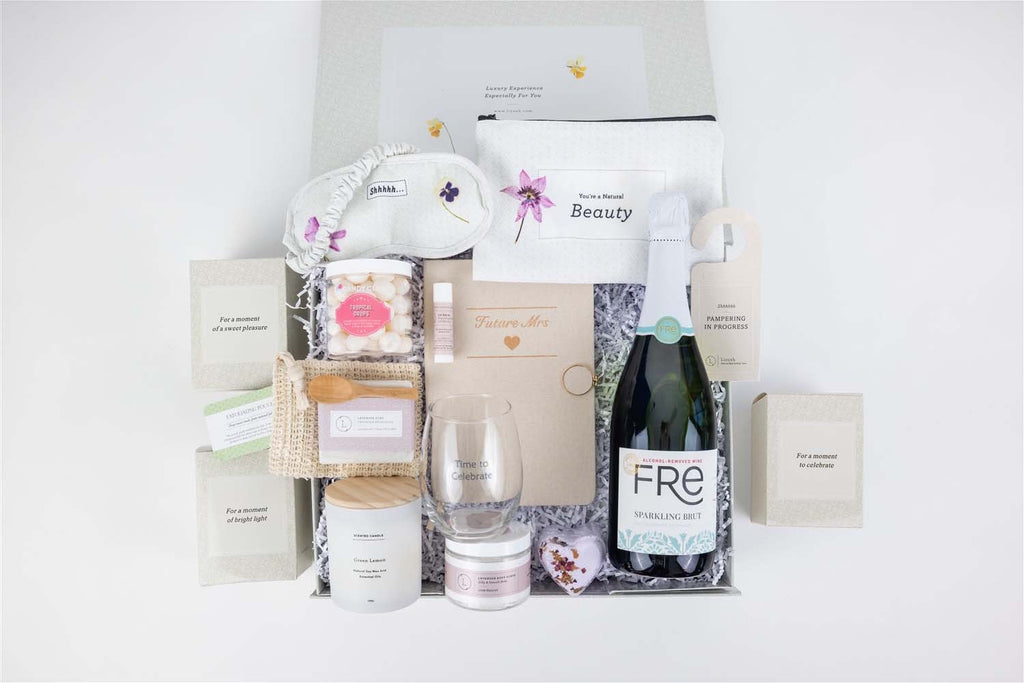 functional view of the bride-to-be gift set's organized cosmetic bag and practical door hang tag