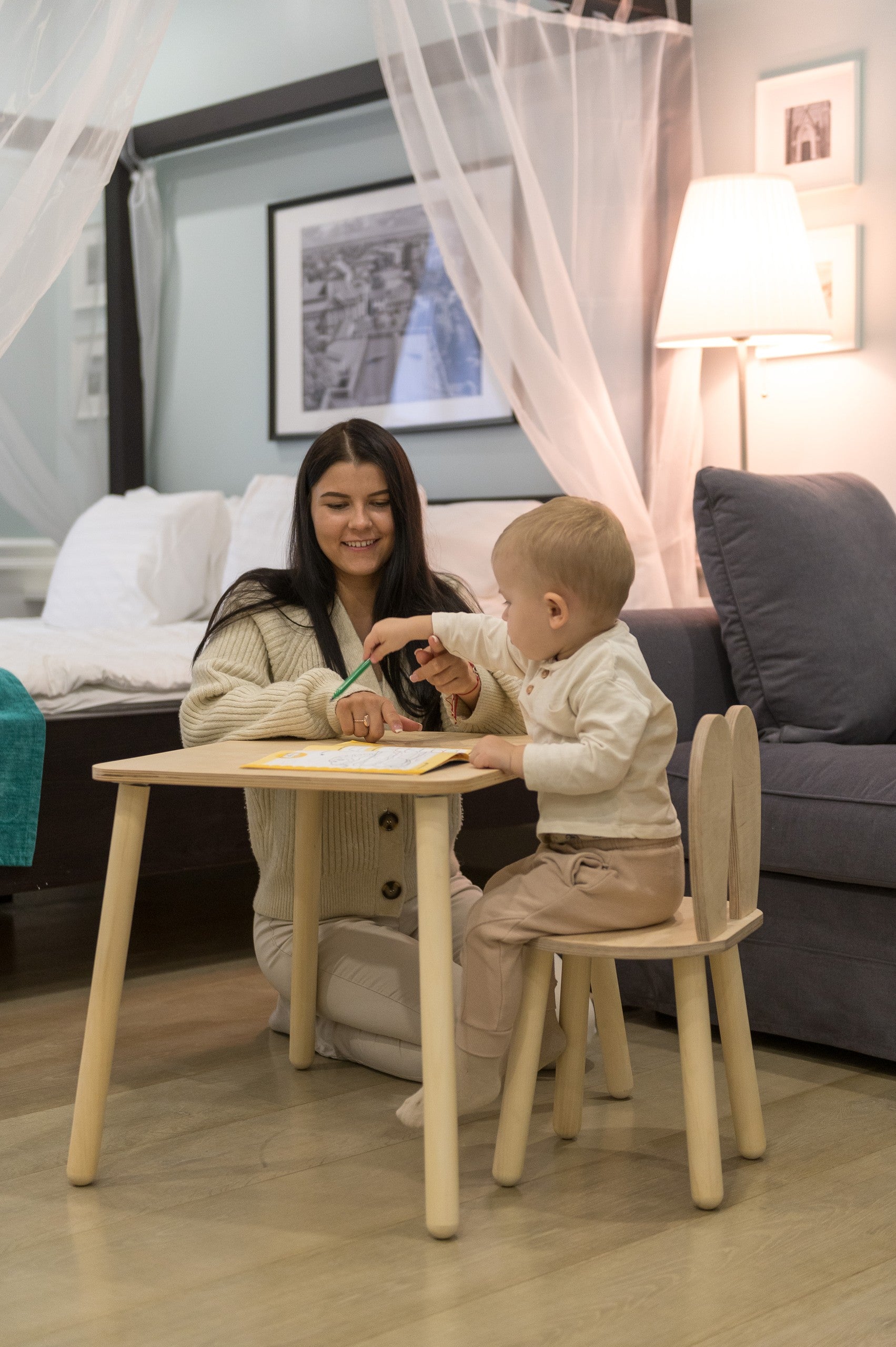 a practical birch plywood bunny table for kids showing its sturdy construction and compact 60cm width