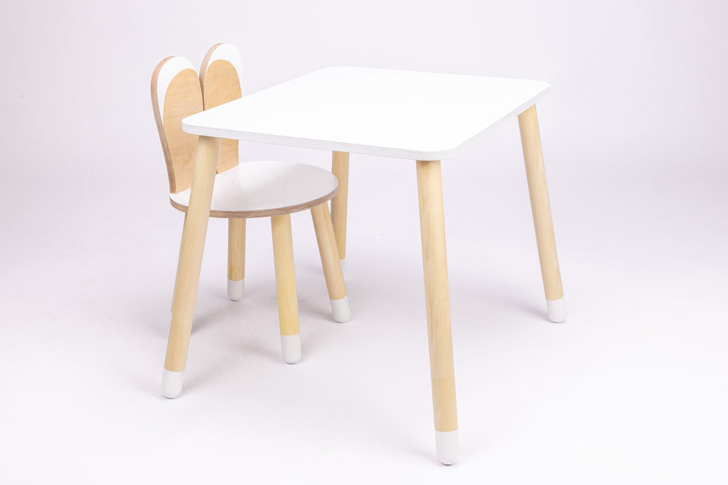 bunny table and chair set for kids in a cozy reading nook with soft morning light