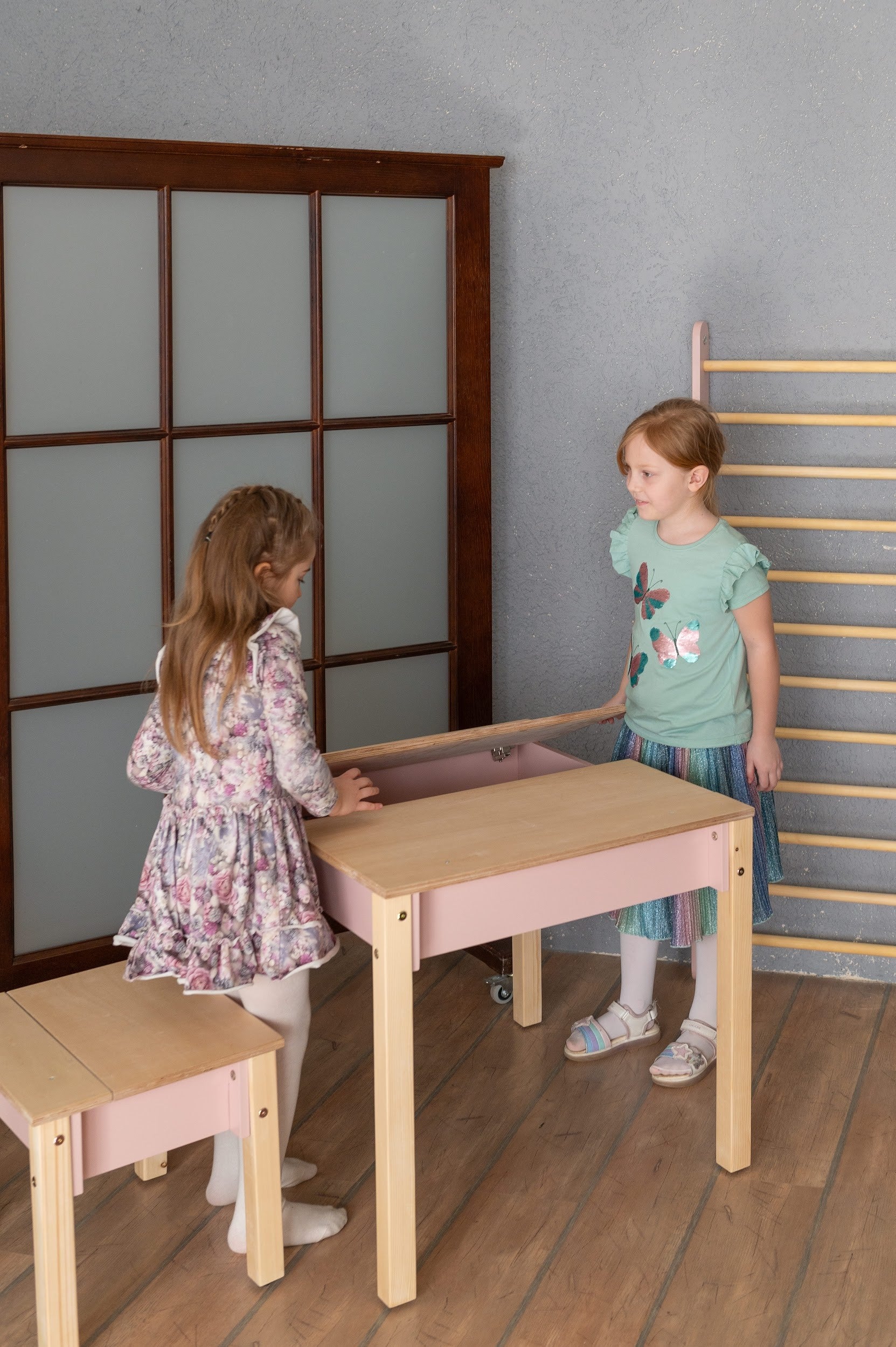 natural birch kids table and chair set with soft morning light highlighting its cozy storage compartments