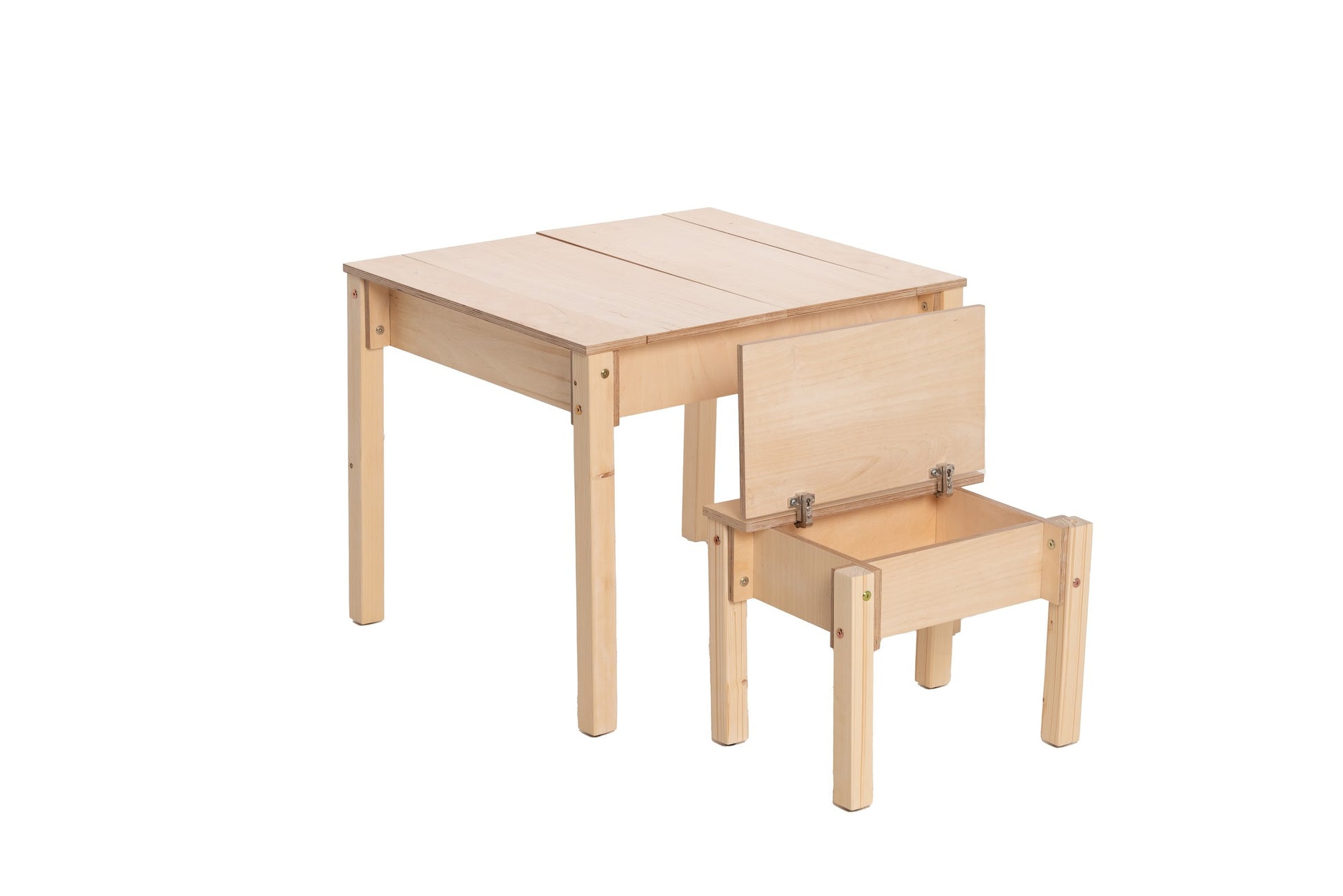 child's birch wood table and chair set with storage in a bright, minimalist playroom