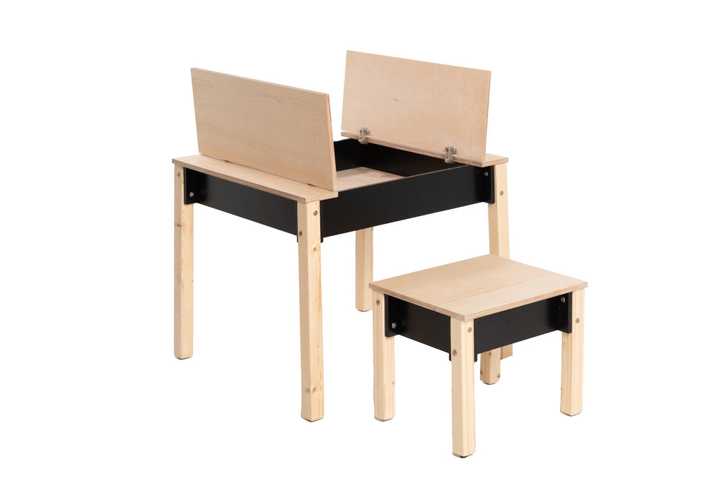 a child's functional birch wood table and chair set with storage, shown in a bright playroom setting