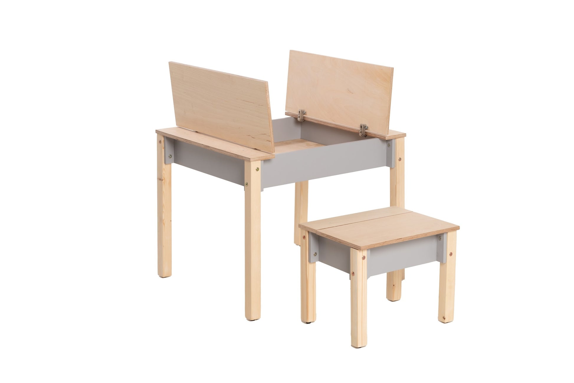 a functional birch plywood kids table and chair set with storage in a bright playroom