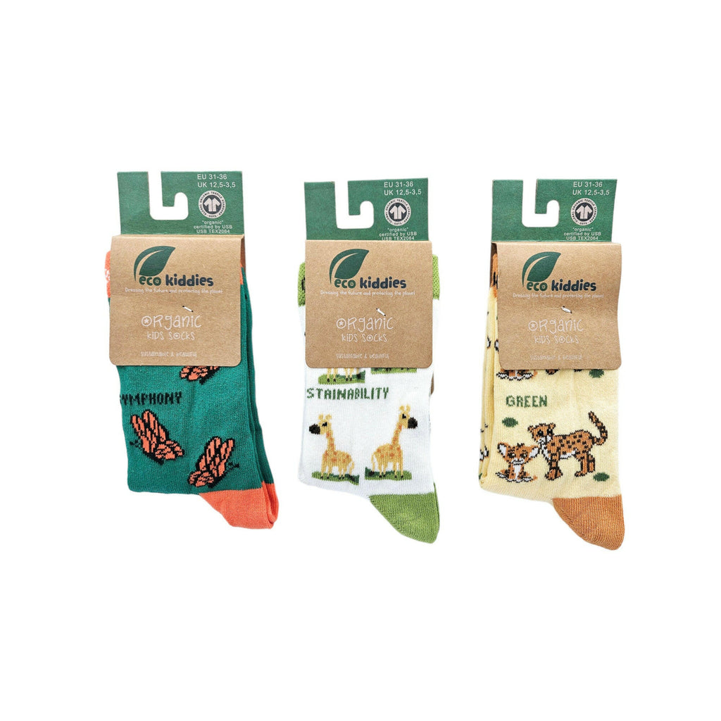 Organic Cotton Kids Socks Bundle with Giraffe, Cheetah and Butterfly Designs