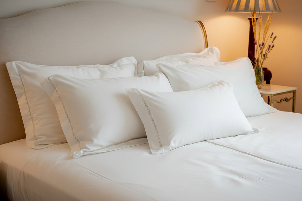 White pillows and duvet on a bed with a warm light in the background at Sostter