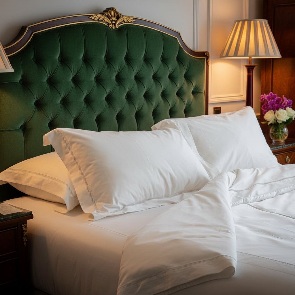 White pillows and duvet on a bed with a warm light in the background