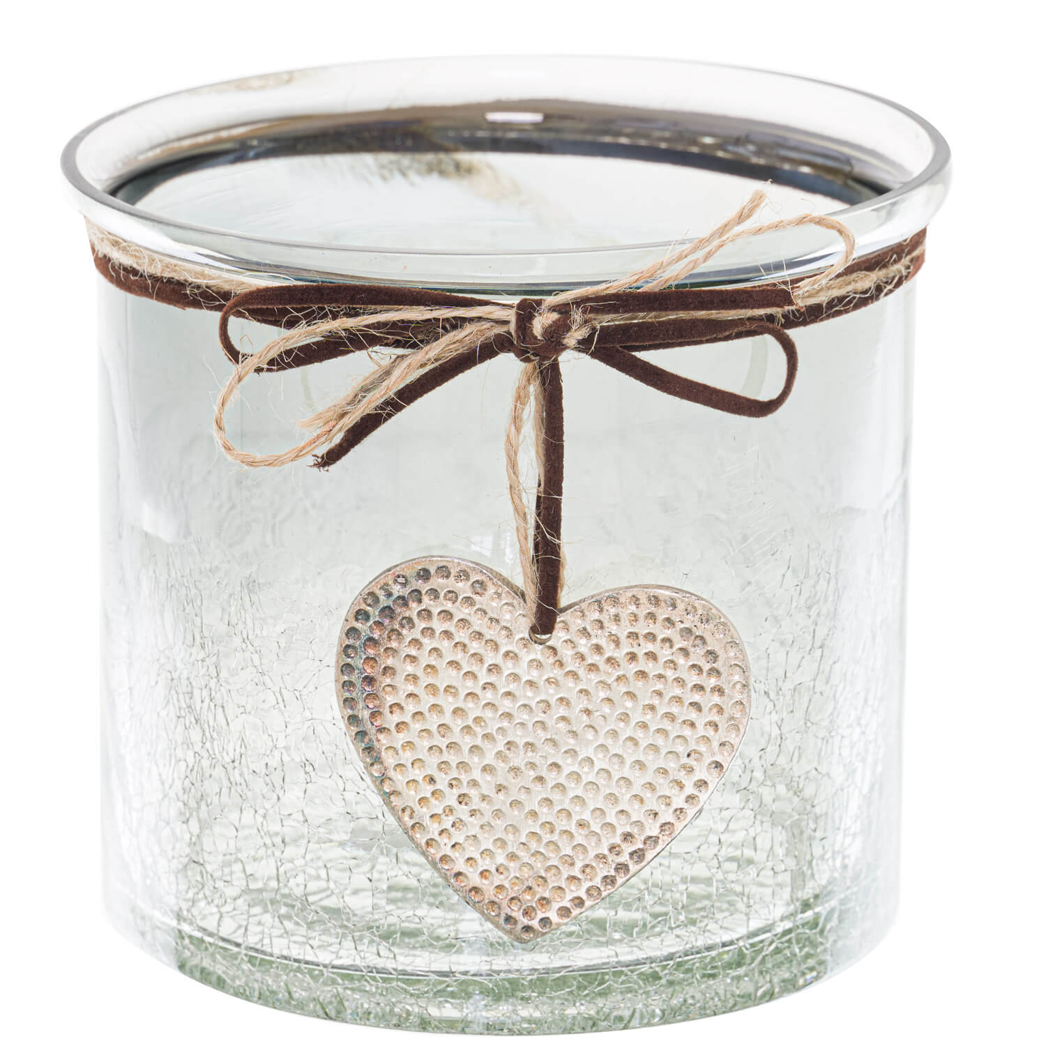 Midnight ombre glass vessel with hammered heart pendant, crackled texture, and leather-look cord for candles or decor by RoomLondon at brixbailey.com