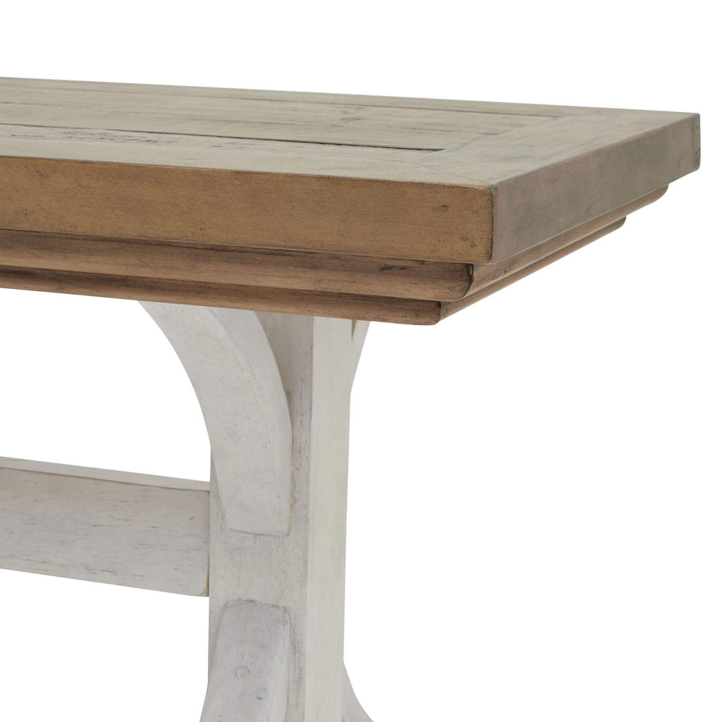 Farmhouse dining bench with pine top and white legs, rustic modern design for versatile home decor. by RoomLondon at brixbailey.com