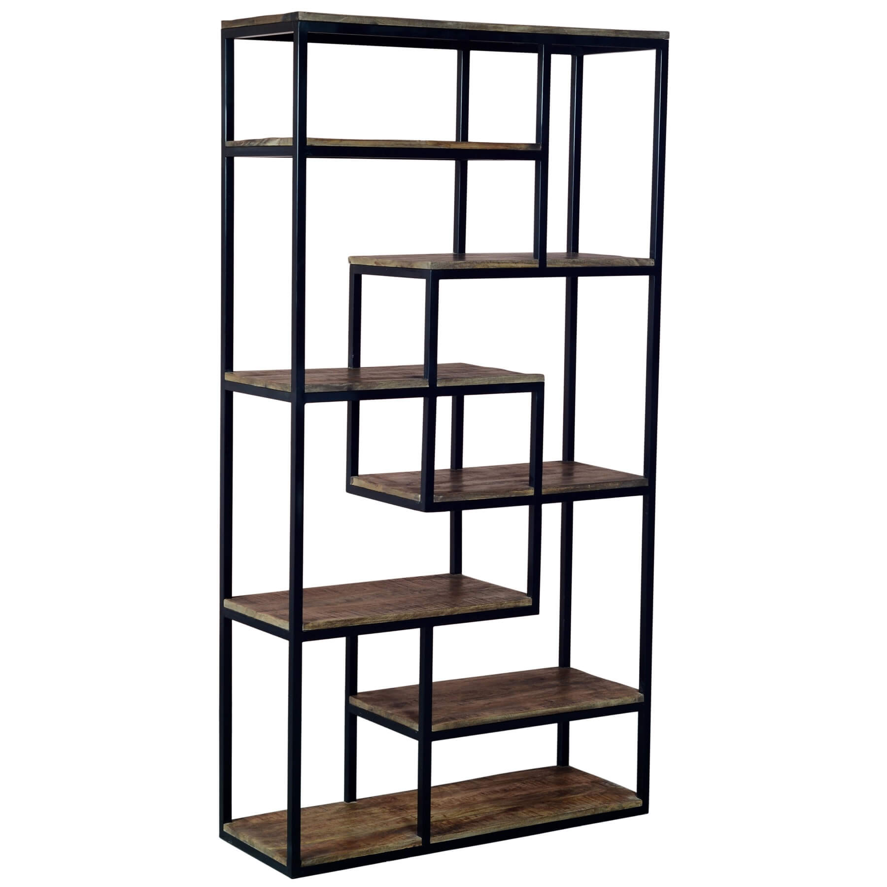 Industrial metal shelf unit with six brown distressed shelves, open framework design for books and decor storage. by sostter at brixbailey.com