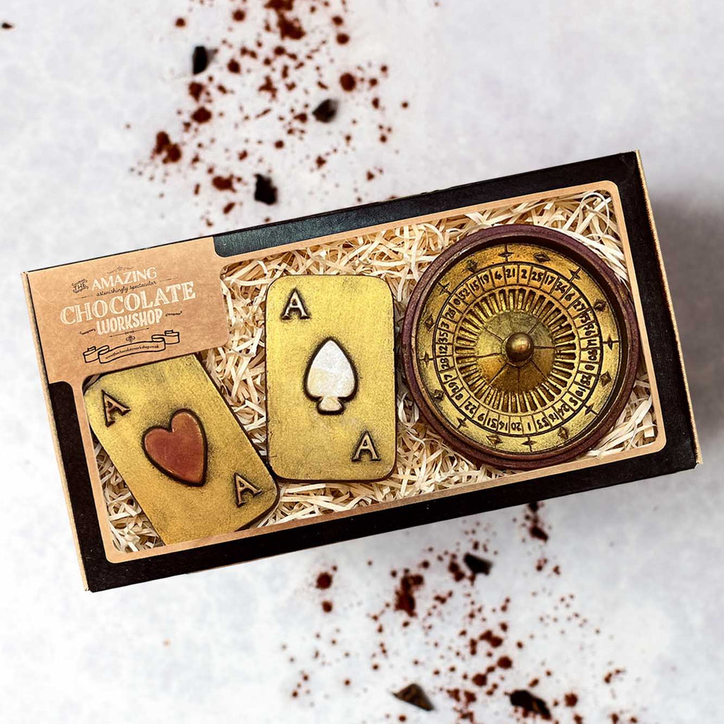 Chocolate Casino and Gaming Gift Box with Playing Cards and Roulette Wheel