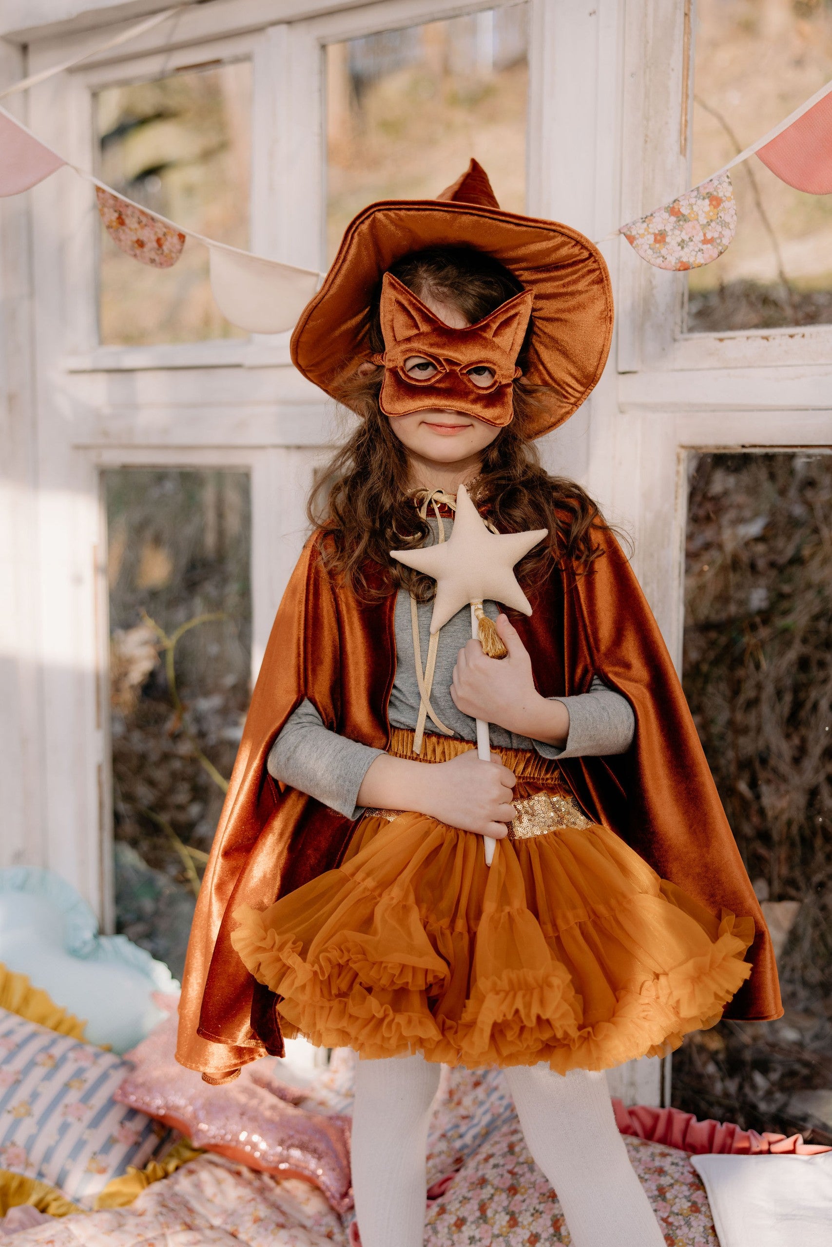 elegant handmade ginger cat mask for kids with soft velvet and shimmering sequins