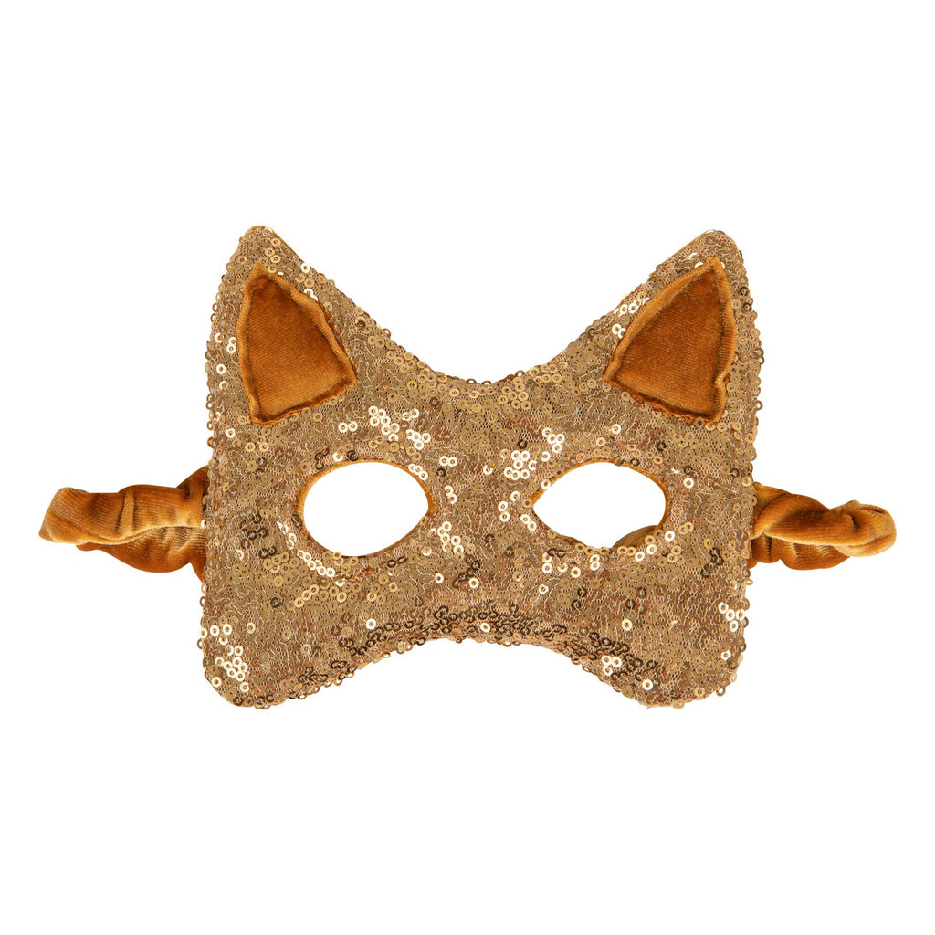 playful kid wearing a glittery gold cat mask with sparkling sequins, mid-laugh during an imaginative game