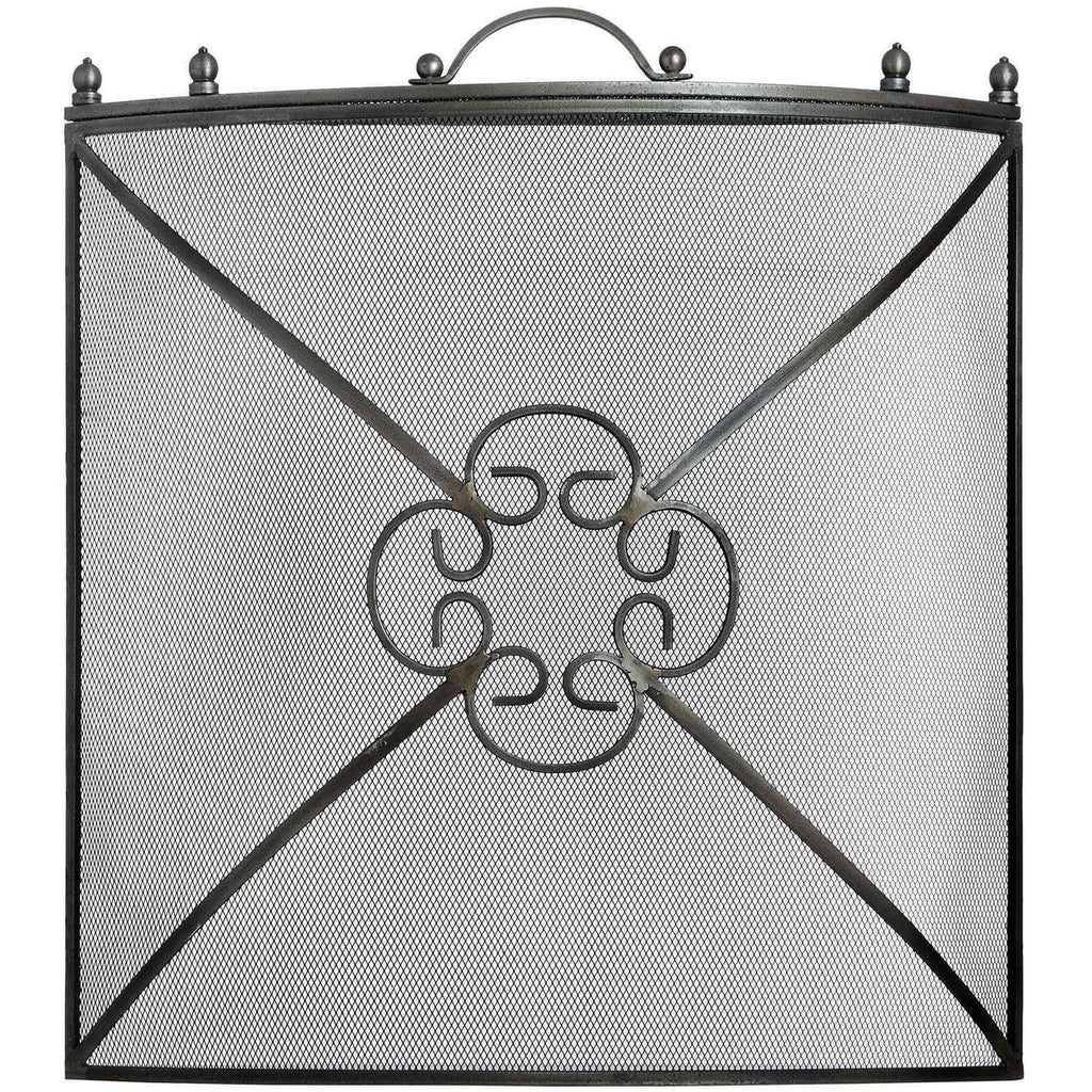 Antique pewter fireguard with ornate detailing, heavy-duty metal frame, and decorative finials for fireplace safety. by sostter at brixbailey.com