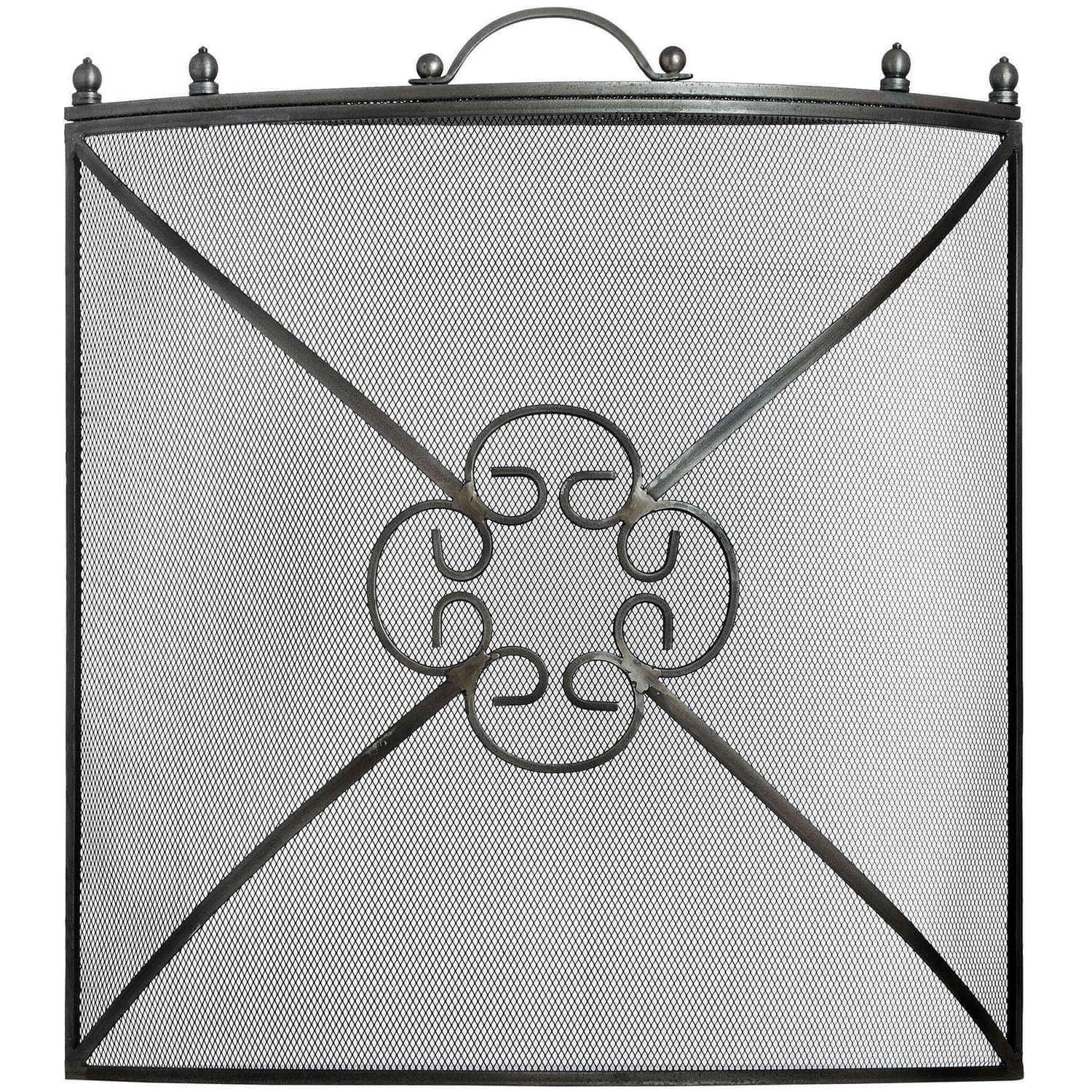 Antique pewter fireguard with ornate detailing, heavy-duty metal frame, and decorative finials for fireplace safety. by sostter at brixbailey.com