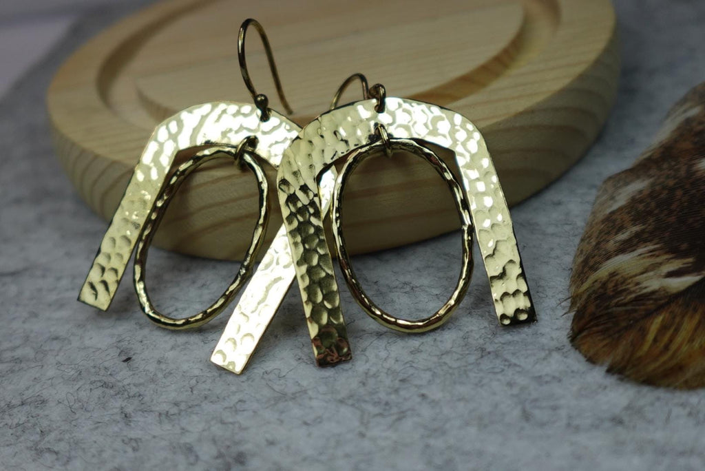 Hammered Horseshoe Brass Earrings Statement Gold Tone